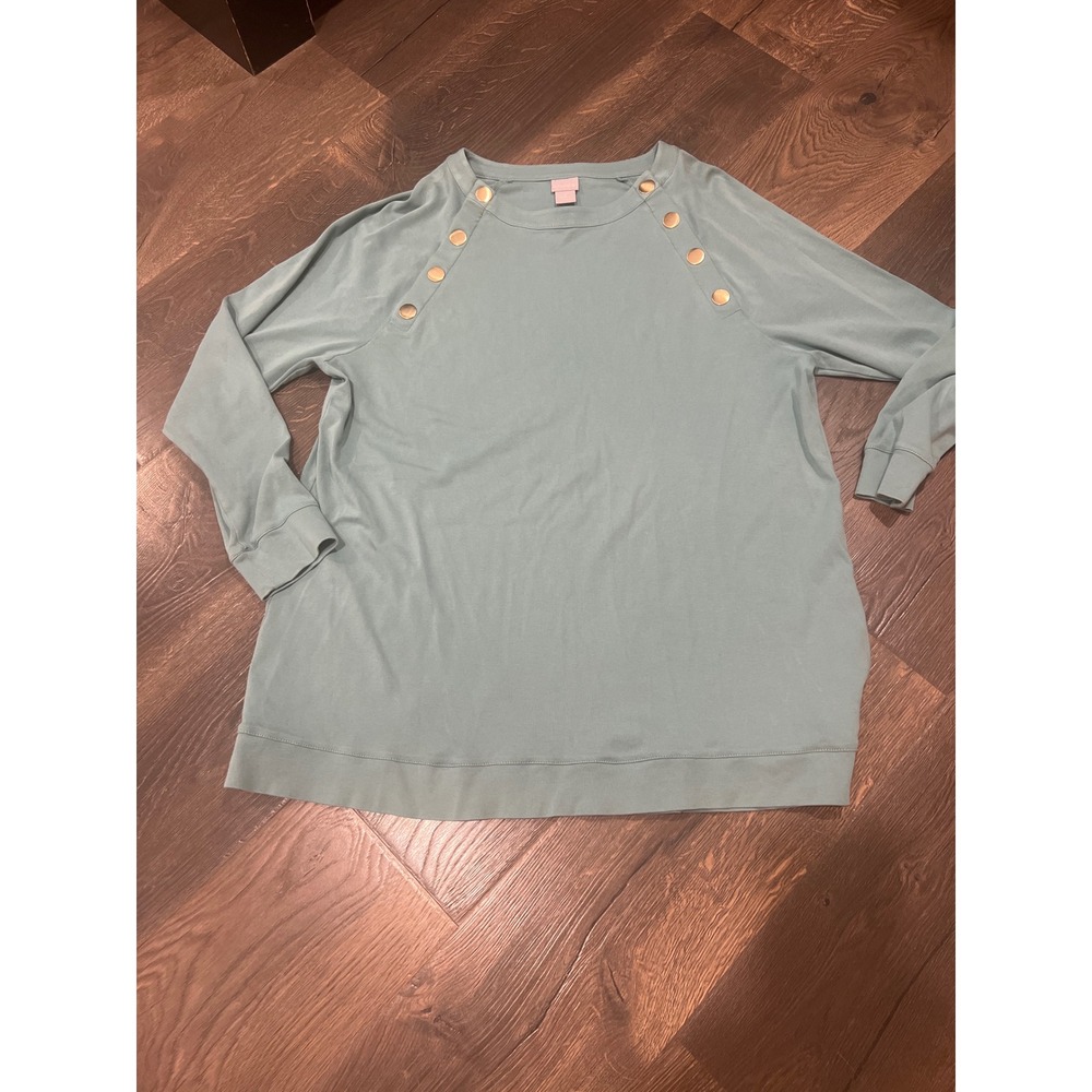 Chicos 3 XL Teal Blue Crew Neck Long Sleeve Tunic Top Pima Cotton‎ Gold Button